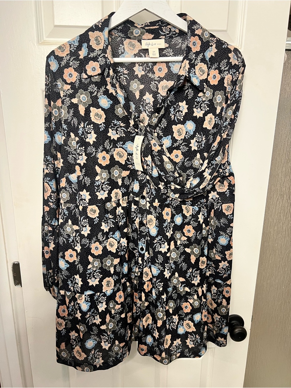 Style & Co. Black Floral Button-Front Tunic with Pastel Blooms